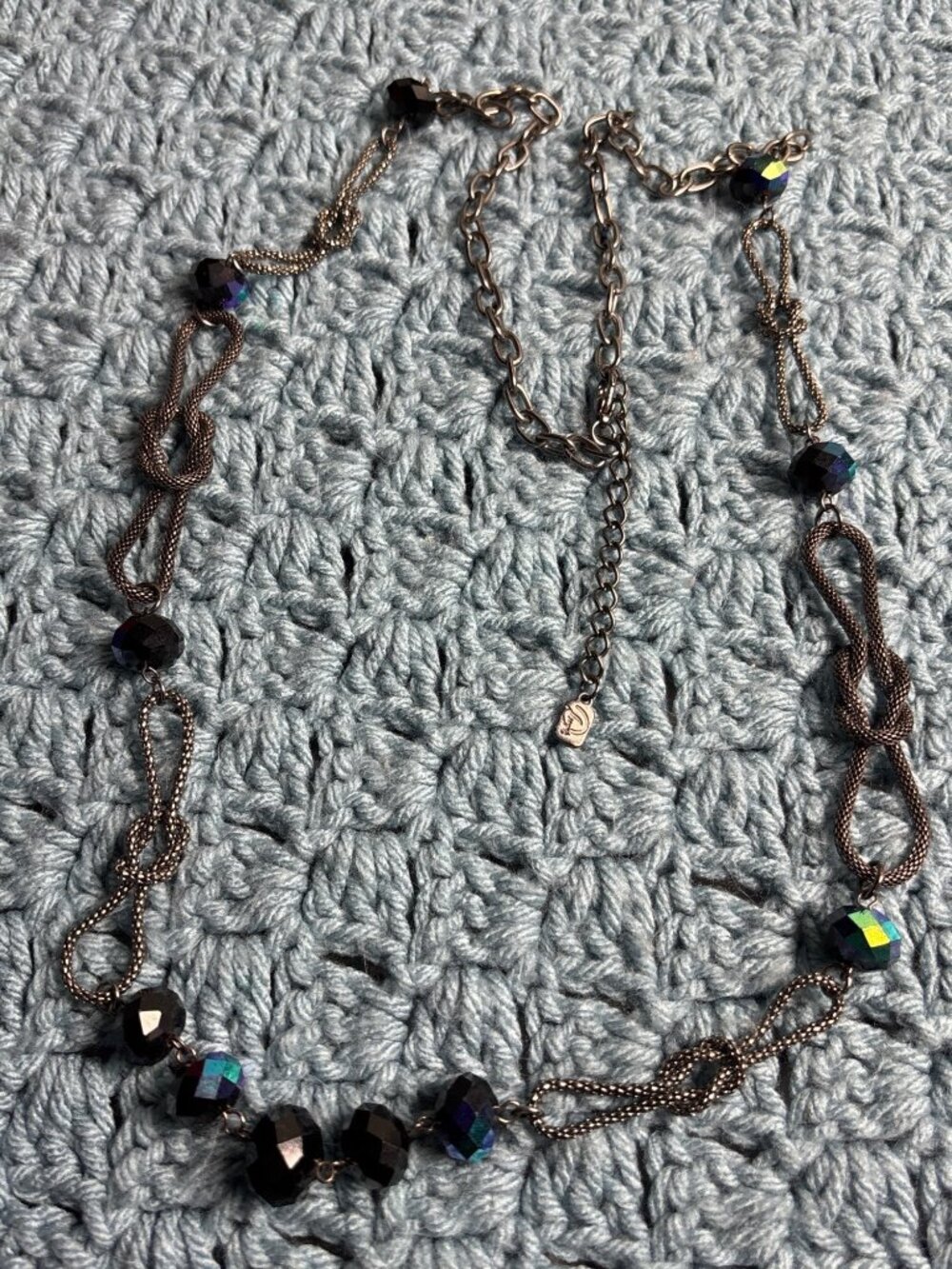 You and I  Glass Dark AB Faceted Beaded Necklace Gunmetal Knotted Mesh Chain
